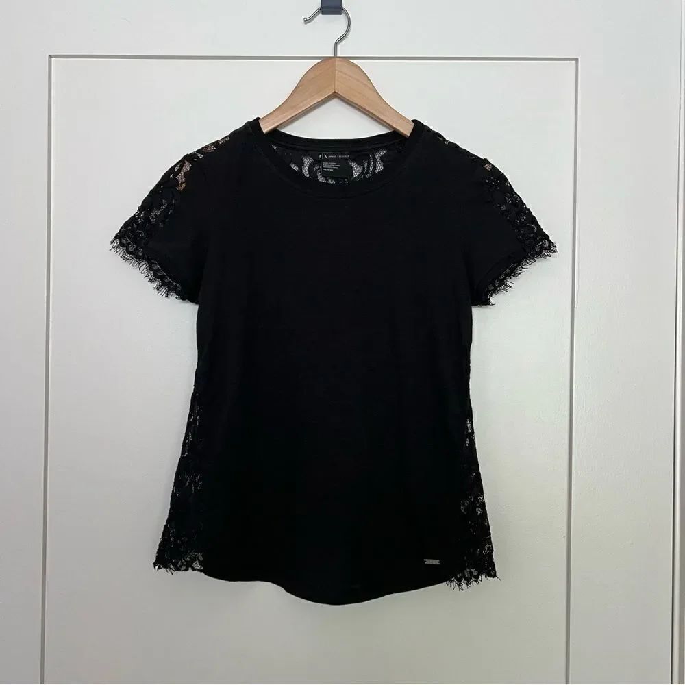 Armani Exchange Top Womens XS Black Short Sleeve Lace Stretch Crew Neck Logo